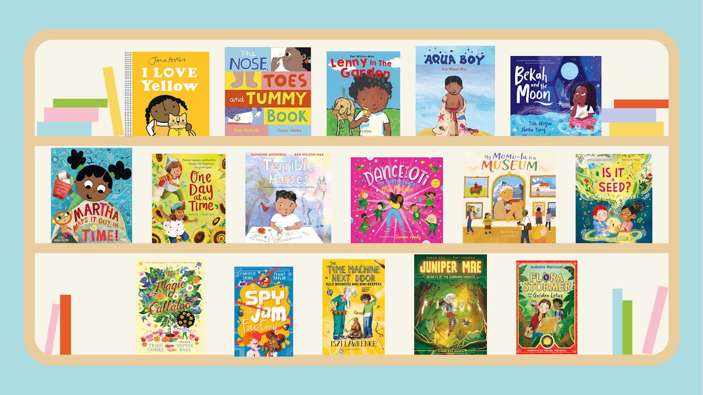 Images of the covers of 16 glorious new inclusive books, published in the UK in April 2024, grace a graphic illustration of a blue bookcase with 3 tiers.   