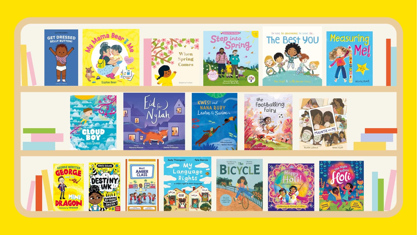 The cover images of all the inclusive children's books released in February 2025 in the UK and recommended by IBC are digitally arranged on a bright yellow bookshelf.    