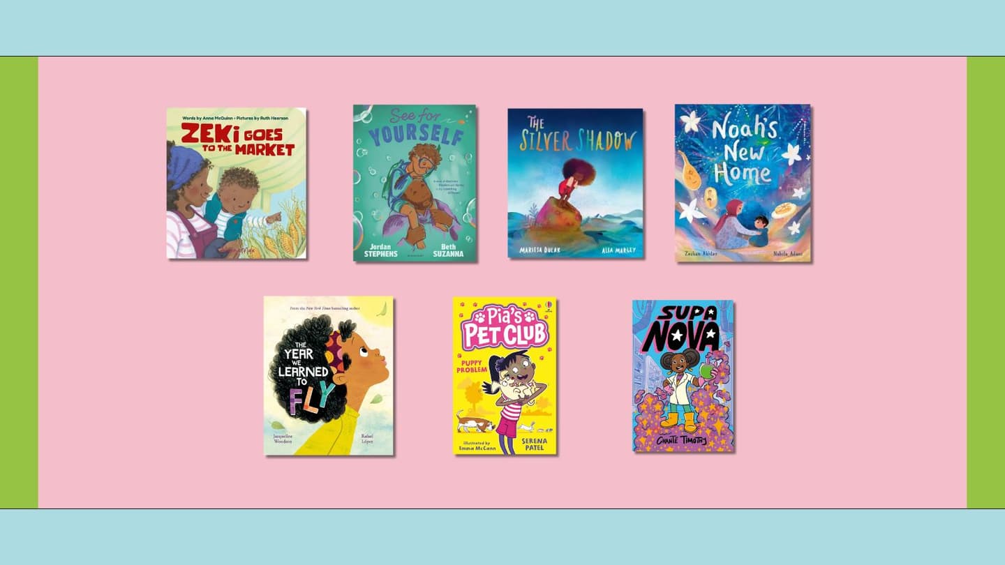 The covers of 7 of the best inclusive children's books out in May 2025 arw shown against a pinnk background