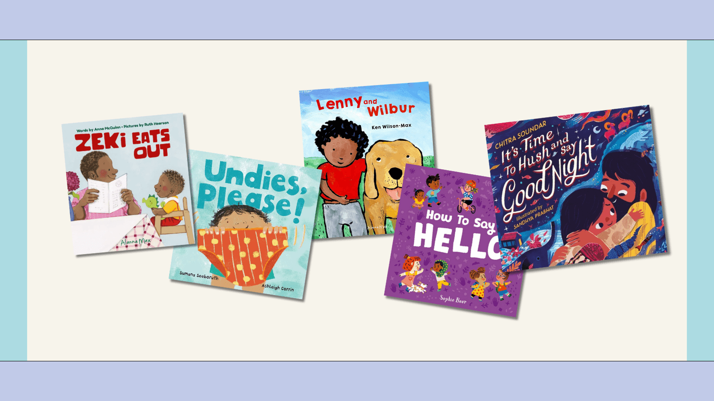 The covers of 5 of the best diverse books for babies and toddlers are shown within a purple and blue frame.  