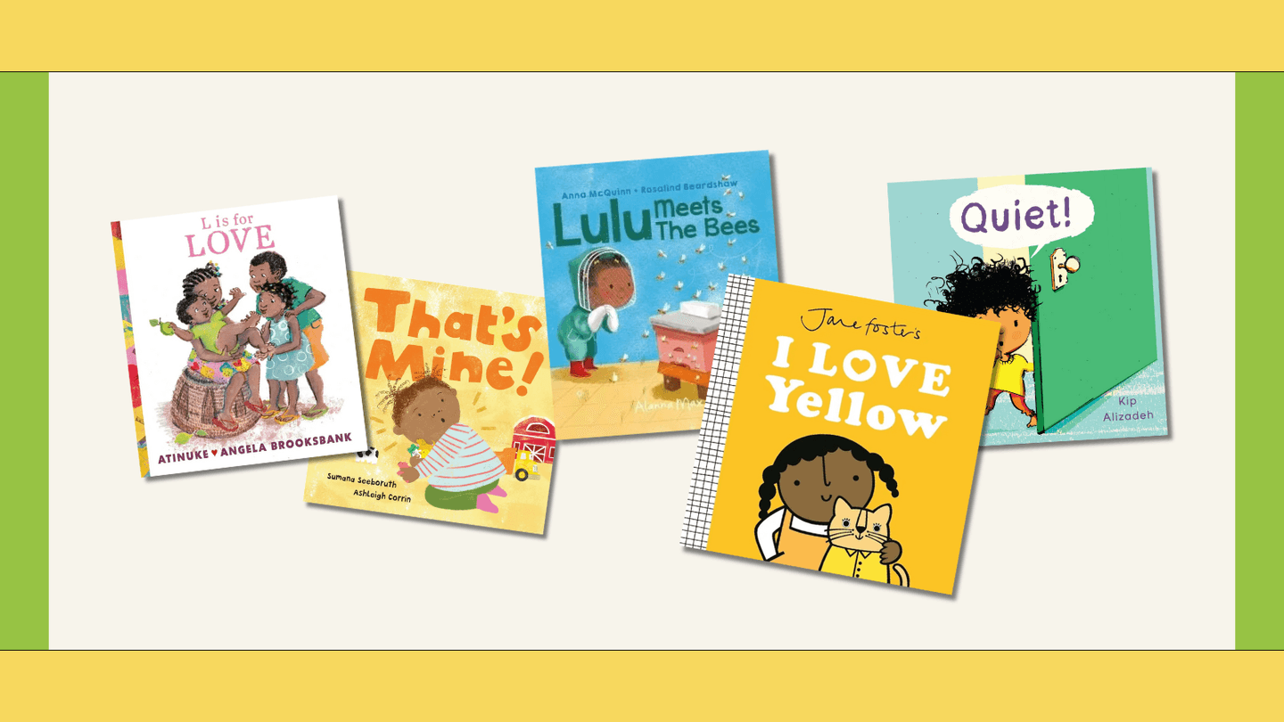 The covers of 5 books for 1-3 year olds with Black and brown main characters are shown within a yellow and green frame.
