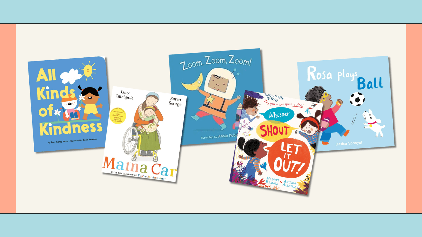 The covers of 5 books for babies and toddlers with disabled main characters are shown within a blue and coral coloured frame.