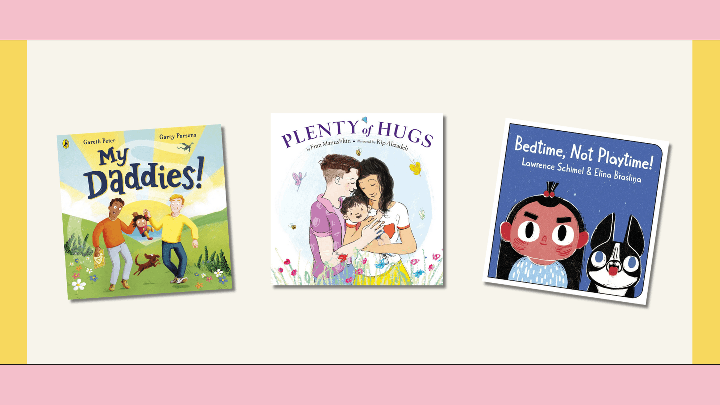 The covers of 3 books for babies and toddlers with same sex parent representation are shown within a pink and yellow frame. 