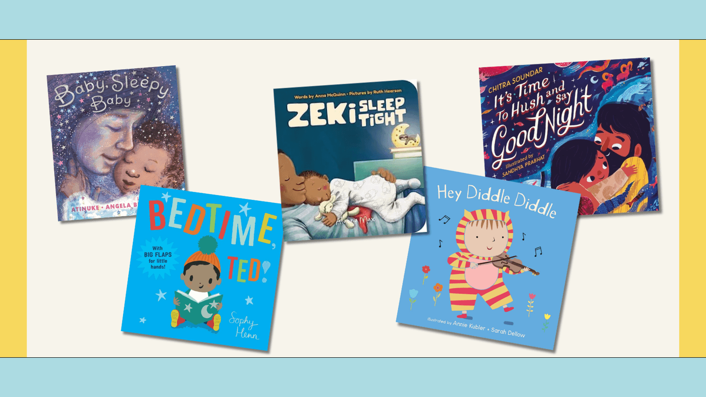 The covers of 5 of the best inclusive bedtime stories for babies and toddlers are shows within a blue and yellow frame.