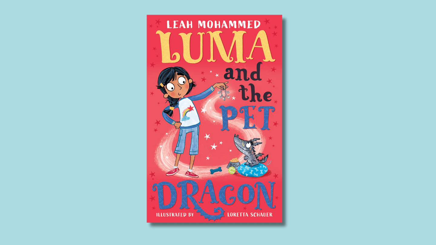 The cover of Luma and the Pet Dragon shows Luma, a young girl with South Asian heritage, dangling a charm bracelet enticingly at a pet dragon happily sitting on a cushion surrounded by dog paraphernalia.    