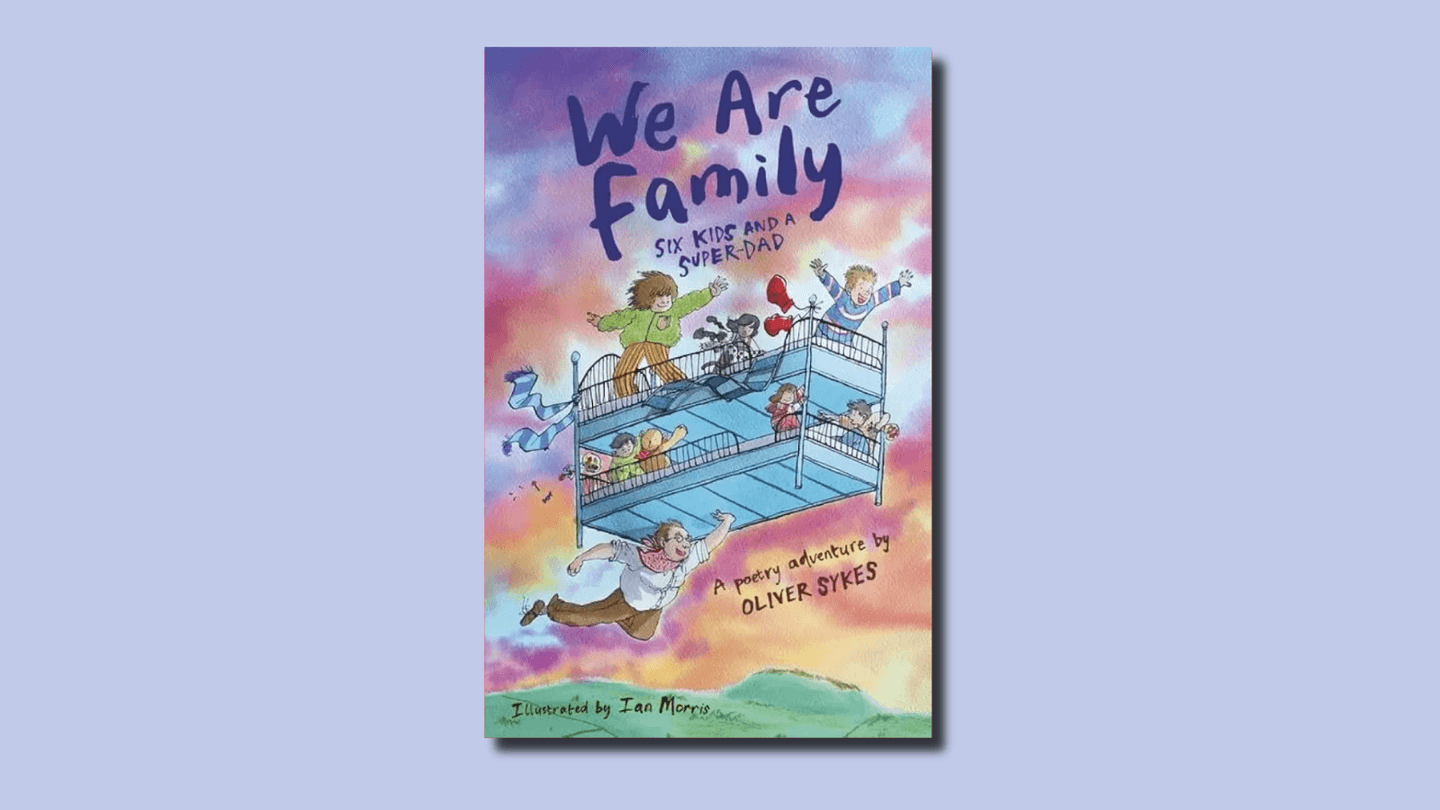 The cover of We Are Family shows a ragtag group of kids riding a bunk bed through the air, raised aloft by their dad flying alongside. 