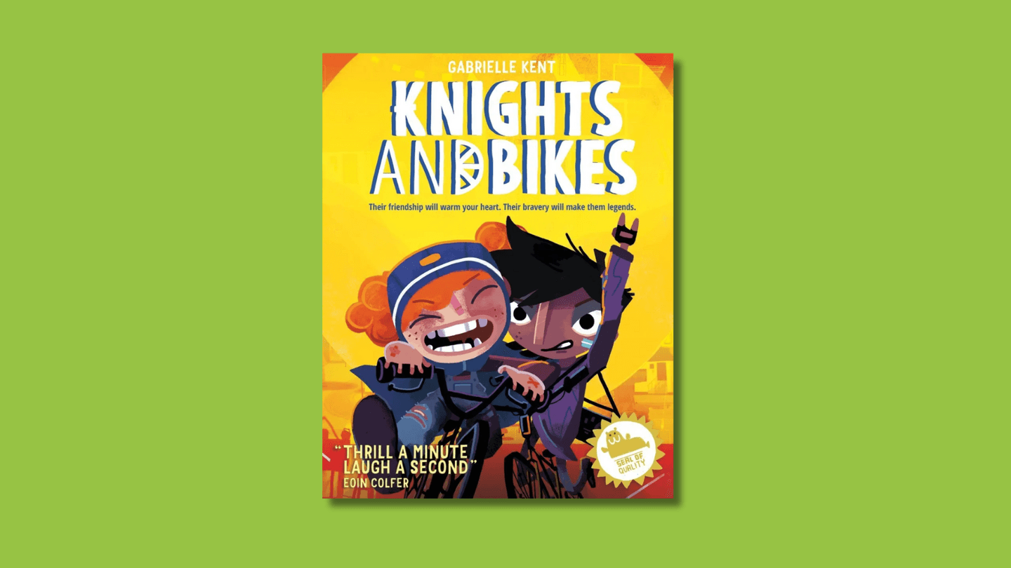 The cover of Knights and Bikes shows two kids on bikes, side by side. They look fierce!