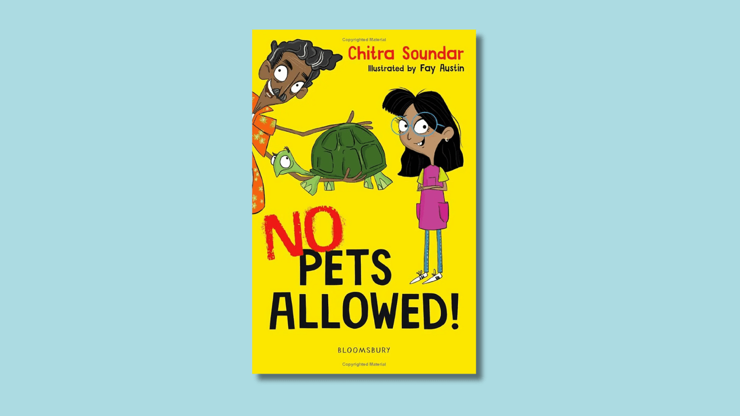 The cover of No Pets Allowed shows a smiling, glasses-wearing girl of South Asian heritage, her arms folded. From the side appears her grandfather, brandishing a large tortoise, also smiling.