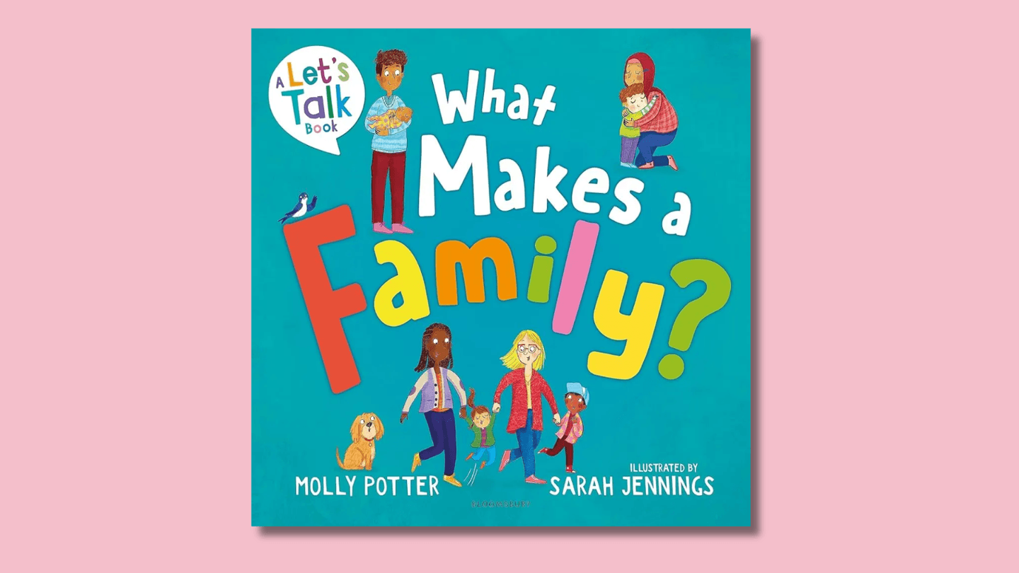 The cover of What Makes a Family? shows illustrations of a two-mum, interracial family with two children walking along with a dog.