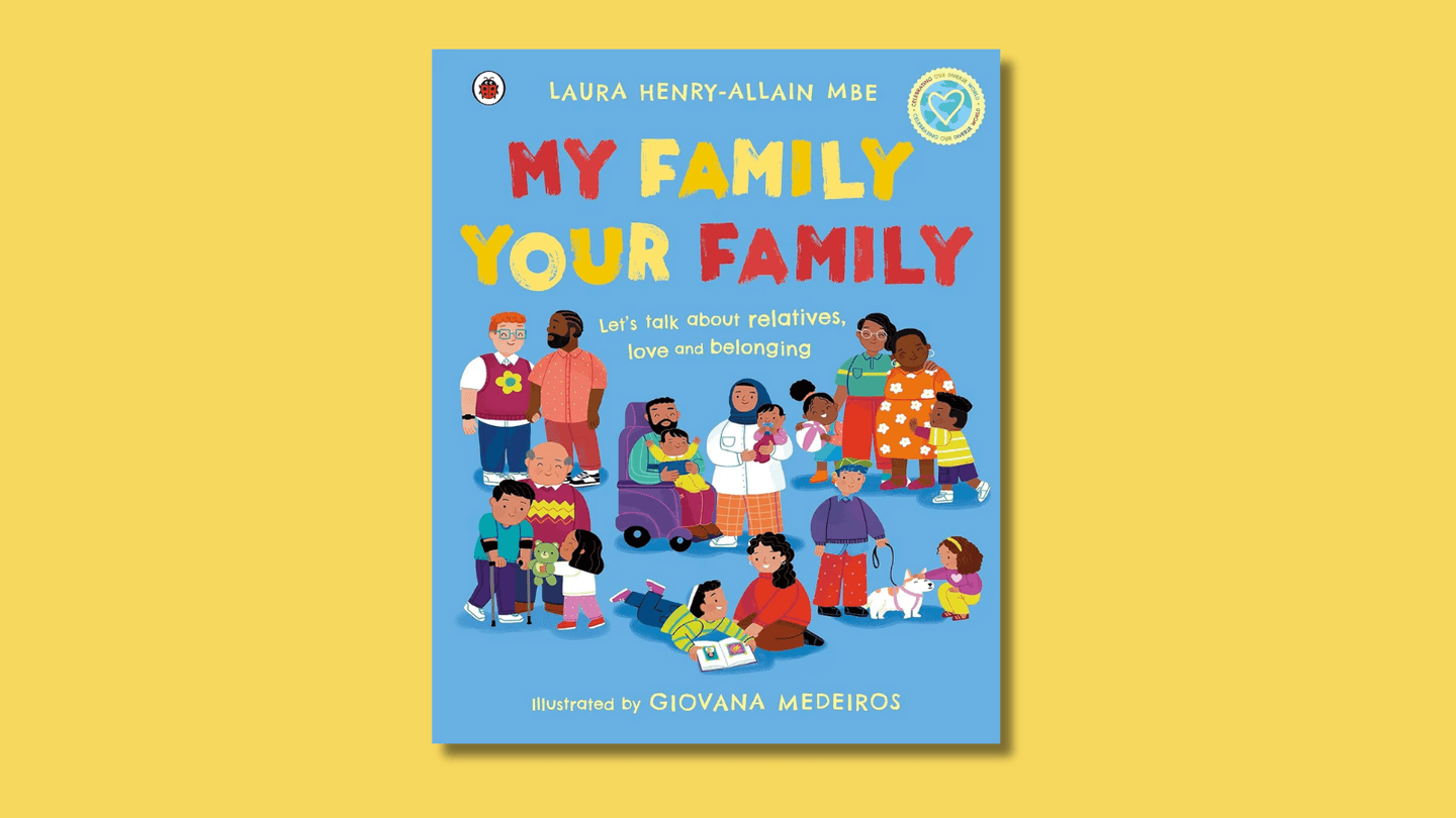 The cover of My Family, Your Family shows 6 little family clusters, including a Muslim family whose dad uses a wheelchair, an interracial male couple holding hands, and a 2-child Black family with two mums. 