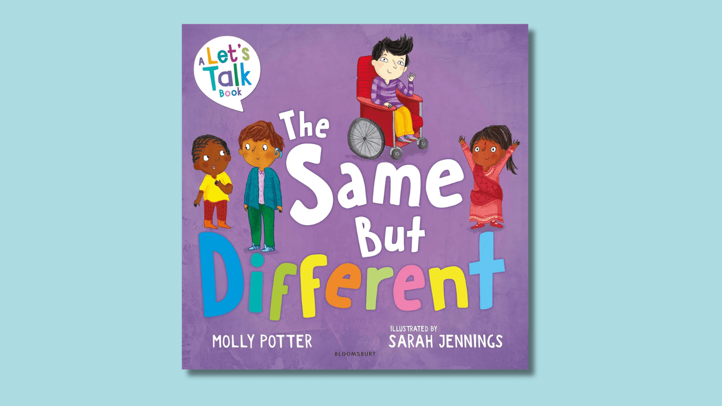 The cover of The Same But Different shows 4 illustrated people who might be considered to have different in appearance, including a South Asian woman in a pink Sari raising her hands in celebratory fashion, and a person with East Asian heritage in a wheelchair waving at us. 