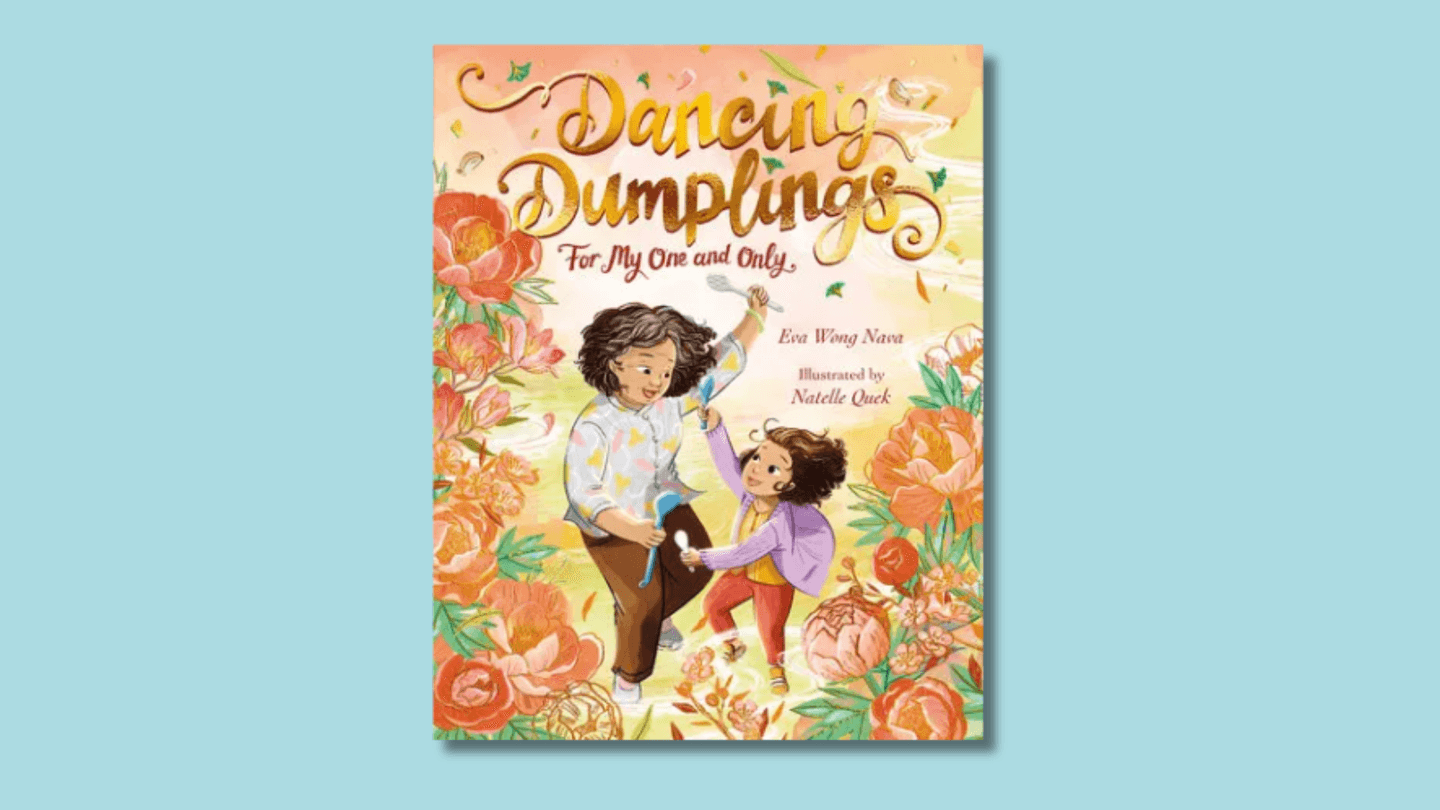 The cover of Dancing Dumplings for My One and Only shows  a girl and her grandmother, both of East Asian heritage, dancing in a garden of orange flowers, holding mixing spoons. 