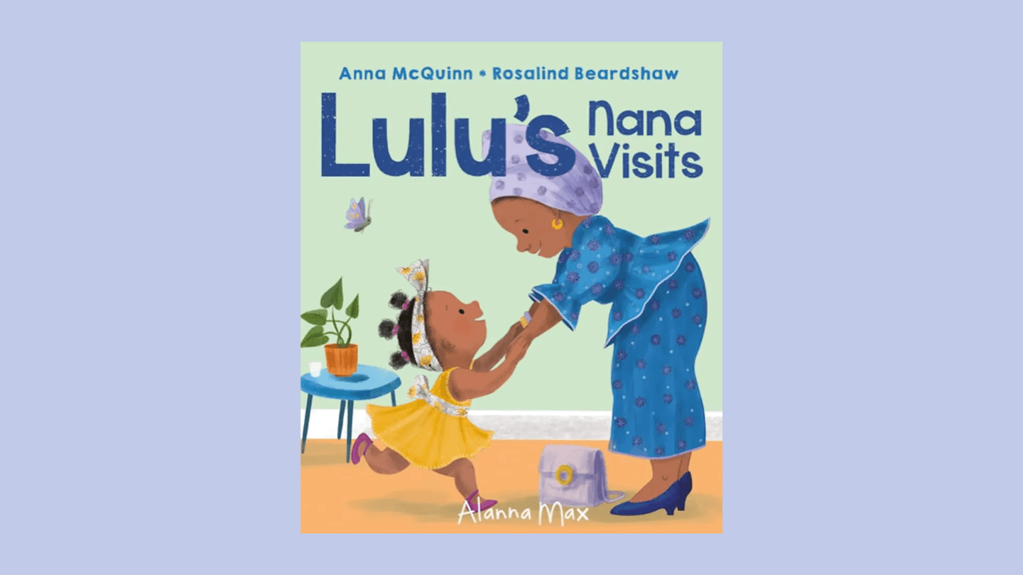 The cover of Lulu’s Nana Visits shows a little Black girl and her Grandmother, smiling adoringly at each other, holding hands, wearing fine, colourful dresses. 