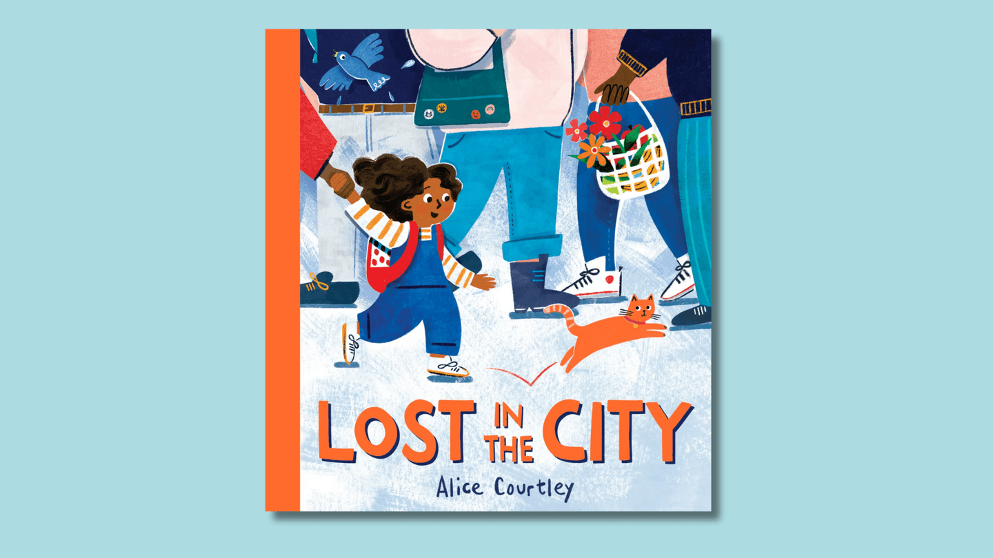The cover of Lost in the City shows a little girl, with brown skin, walking in a crowd, holding a grown-up's hand, following a very cheeky-looking orange cat. 