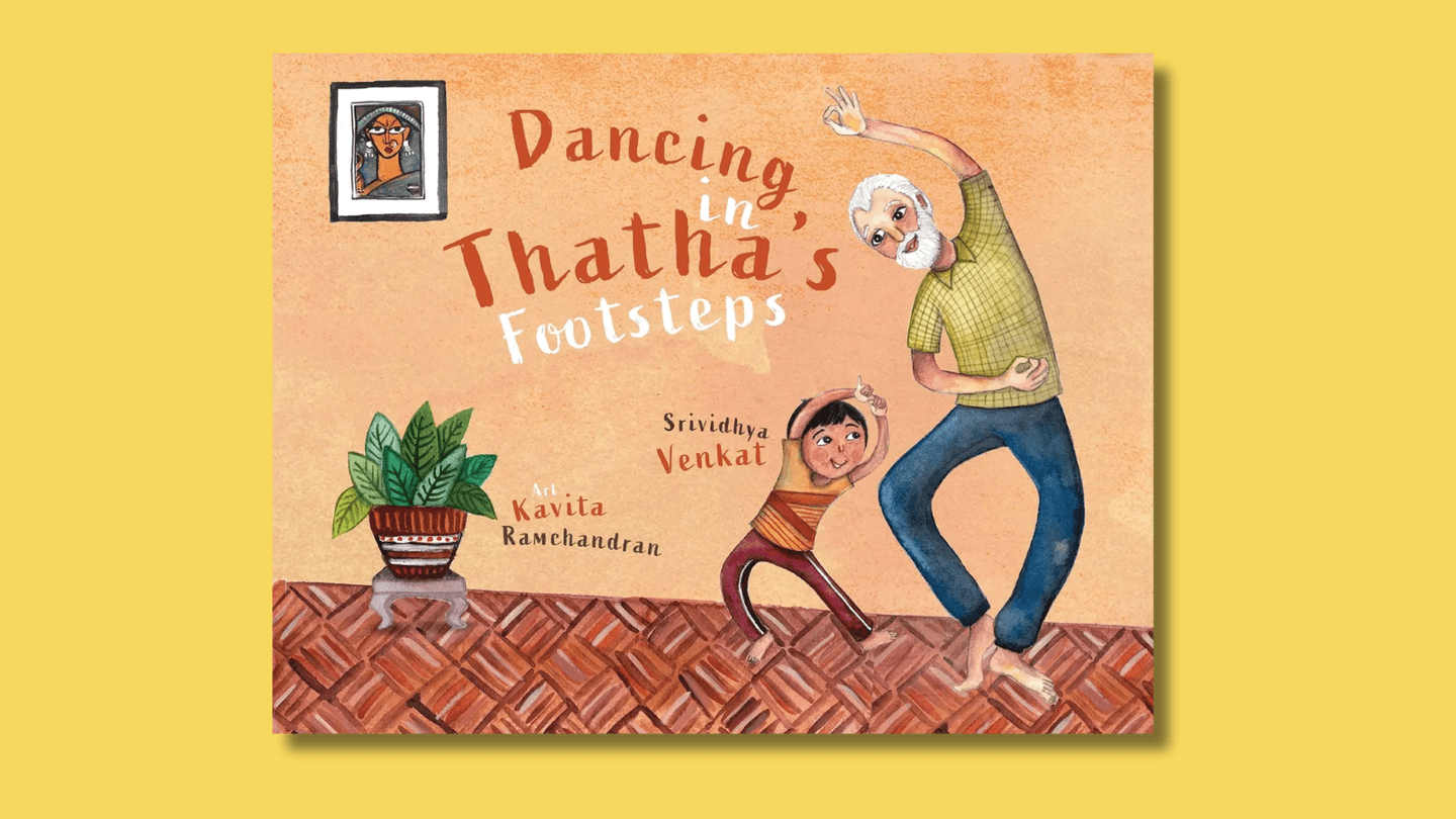 The cover of Dancing in Thatha’s Footsteps shows a boy and his grandfather dancing in a living room, leaning towards each other and looking very happy. 
