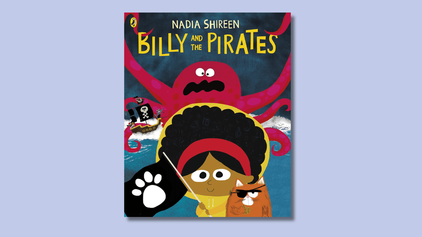 The cover of Billy and the Pirates shows Billy, a young girl with brown skin and big hair, smilingly waving a pirate-esque flag with her sidekick Fatcat in an eye-patch.  In the background, a giant purple Octopus looms.