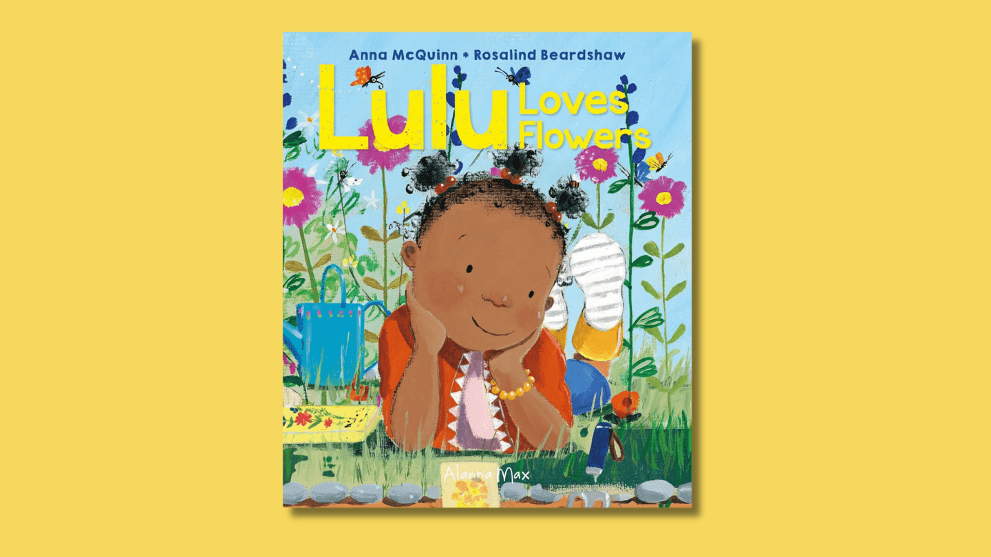 The cover of Lulu Loves Flowers shows a young Black girl with Bantu Knots lying on her tummy, head in hands, feet int the air, enjoying being among the flowers in her garden.