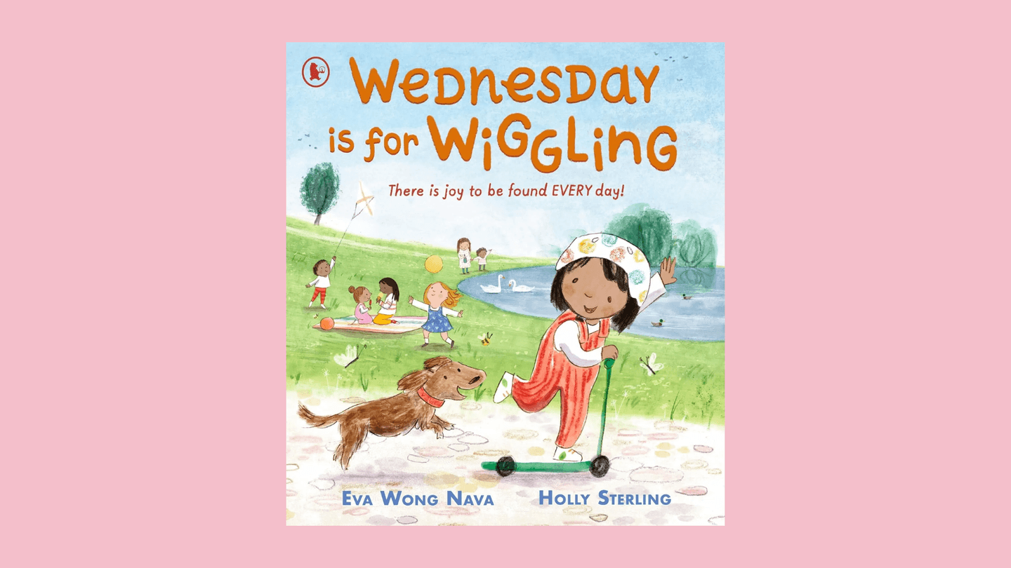 The cover of Wednesday Is for Wiggling shows a young girl with light brown skin, on a scooter, with her dog, scooting joyfully through a park.