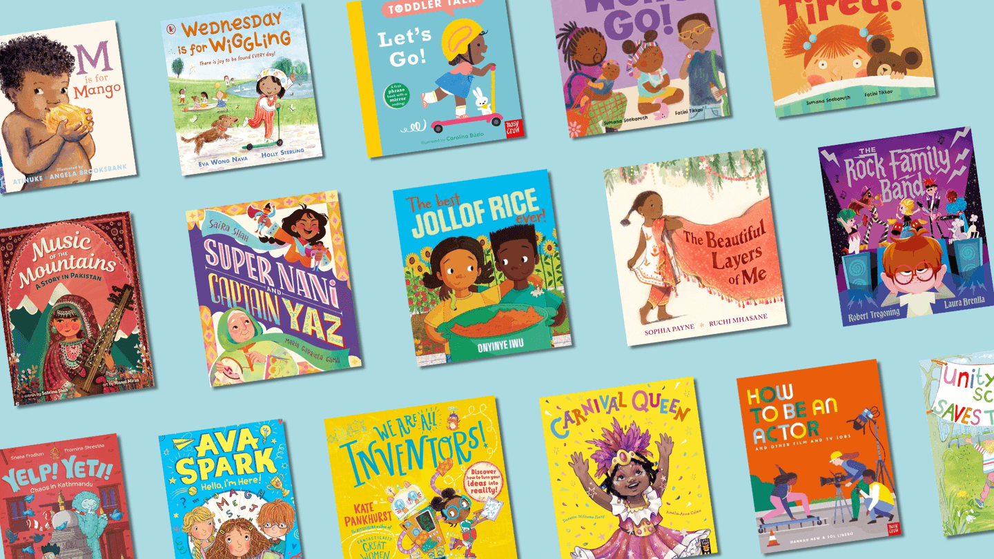 A montage of the book covers of the best new inclusive kids' books published in June 2025 in the UK, on a light blue background.