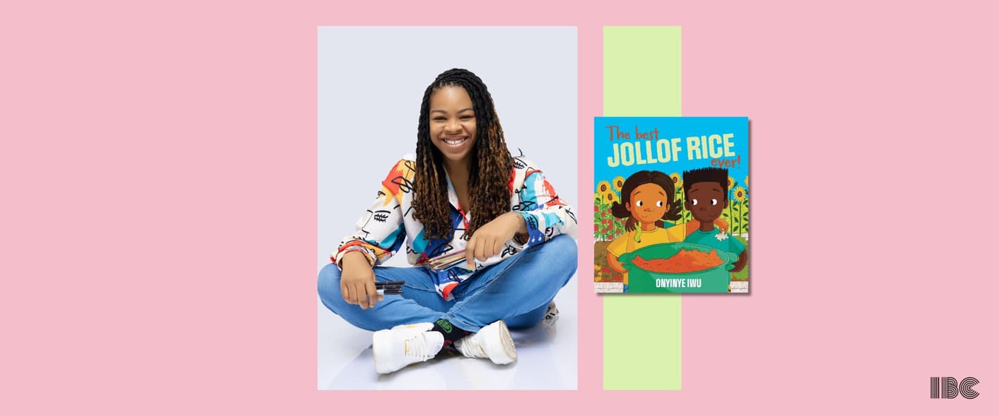 Young Black woman with braids wearing a colourful shirt, blue jeans and trainers. She is sitting on a white floor. Next to her is an image of a children's picture book on a pink and green background. 