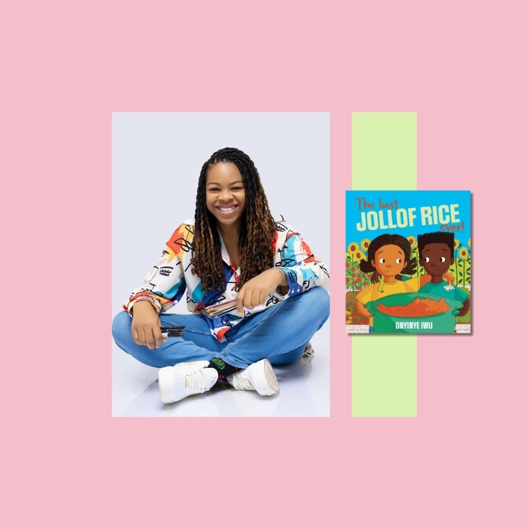 Young Black woman with braids wearing a colourful shirt, blue jeans and trainers. She is sitting on a white floor. Next to her is an image of a children's picture book on a pink and green background. 