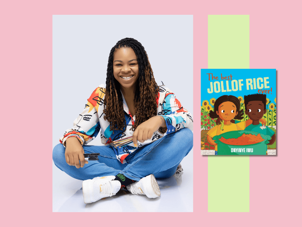 Young Black woman with braids wearing a colourful shirt, blue jeans and trainers. She is sitting on a white floor. Next to her is an image of a children's picture book on a pink and green background. 