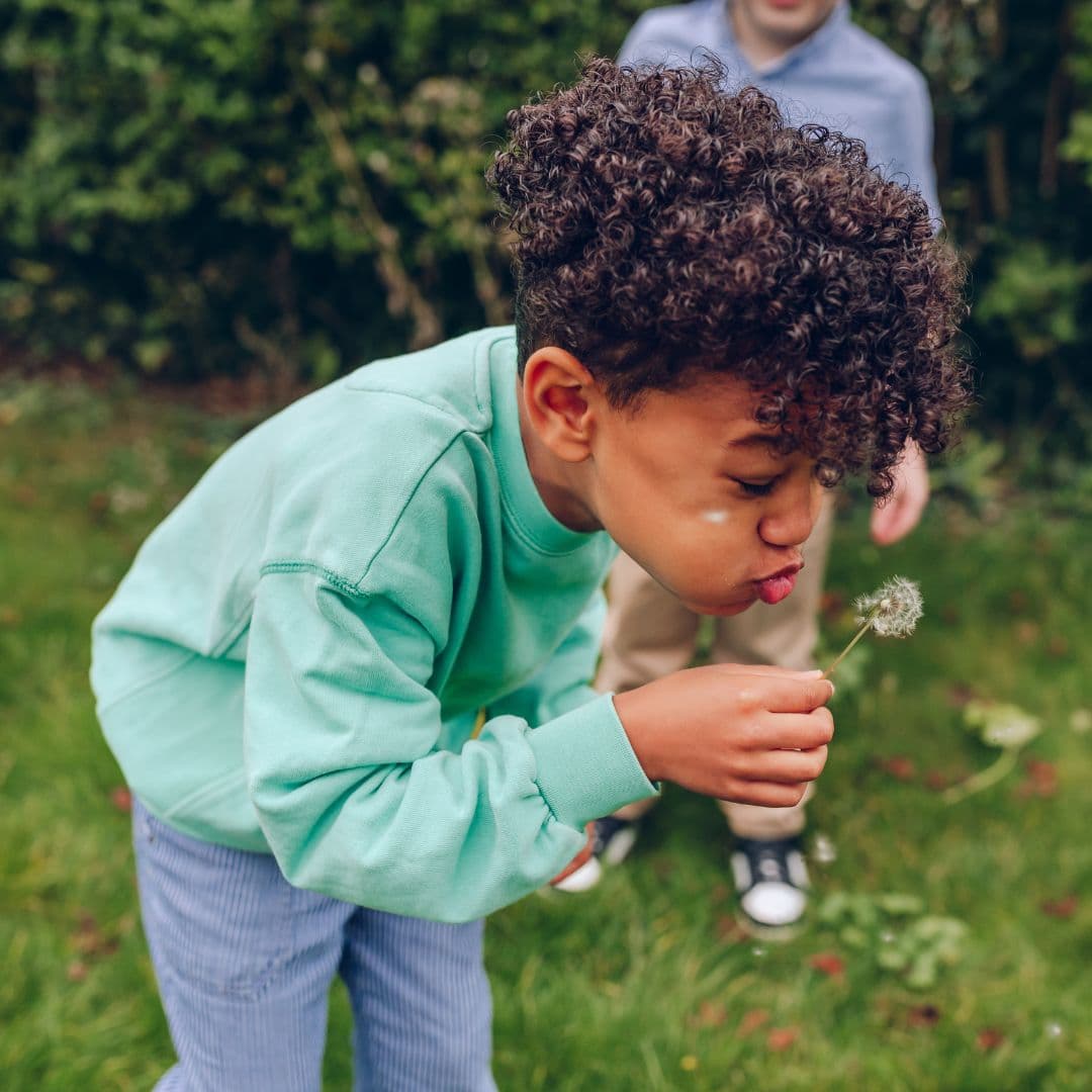 Boy blowing on a dandelion in the garden. 