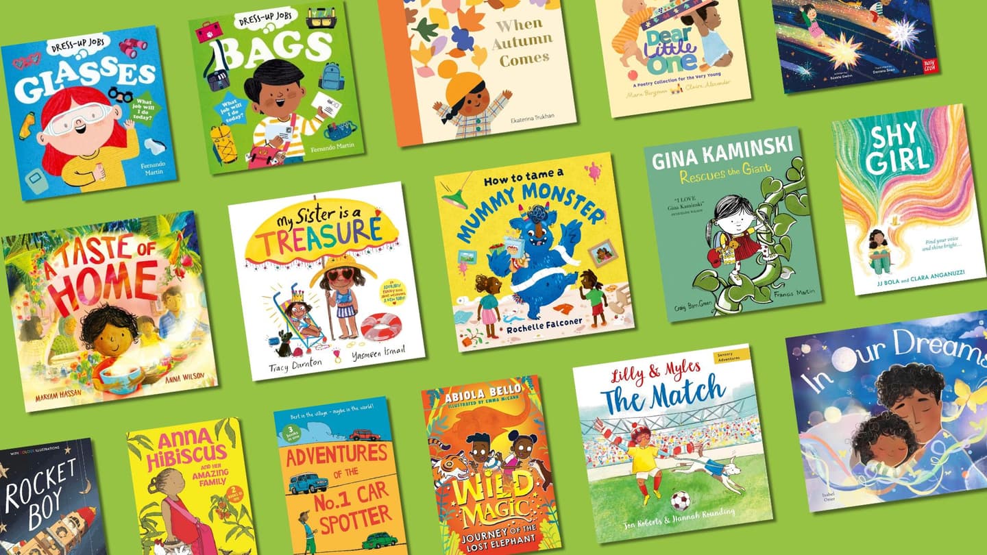 The covers of the best new inclusive childrens books out in August 2025 are shown against a green background.