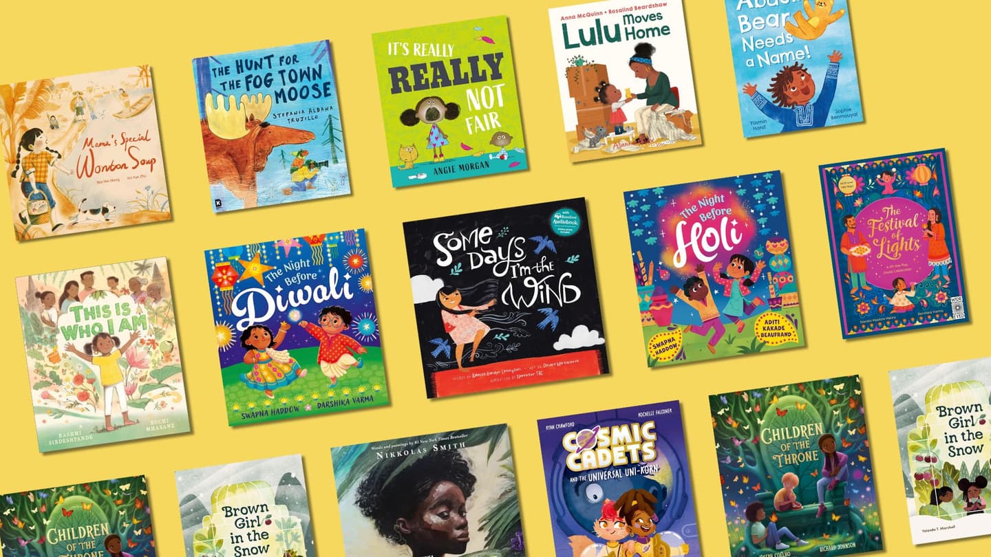 The covers of the best new inclusive children's books published in the UK in September 2025 are shown in diagonal rows on a yellow background.