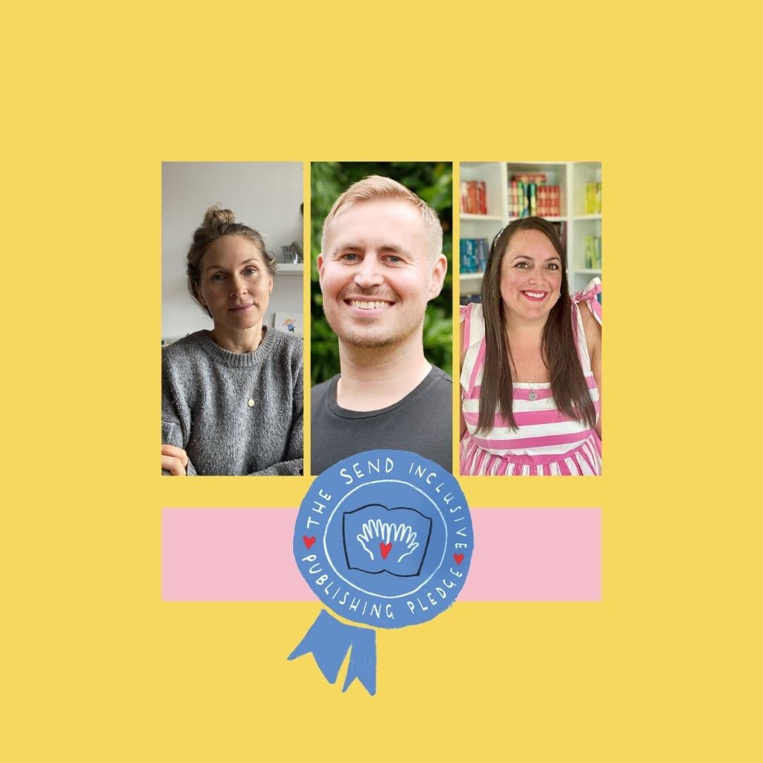 Images of three authors, Emily Hamilton, Ian Eagleton and Mel Taylor-Bessent on a yellow background, with a blue company logo entitled The SEND-Inlcuisve Publishing Pledge 