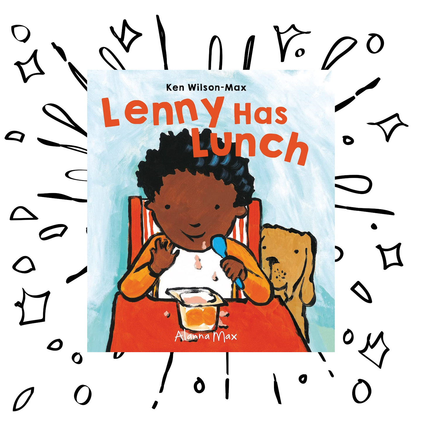 Th image shows the cover of \nLenny Has Lunch\n, a book for two and three year-olds about a young Black boy making and eating lunch with his dad, against a background of a black and white illustration of stars in a kind of splash formation emanating from the centre. The image acts as a the cover for Inclusive Books for Children's list of acclaimed Zimabwean-born author Ken Wilson-Max's collection of naturally incusive picture books. 