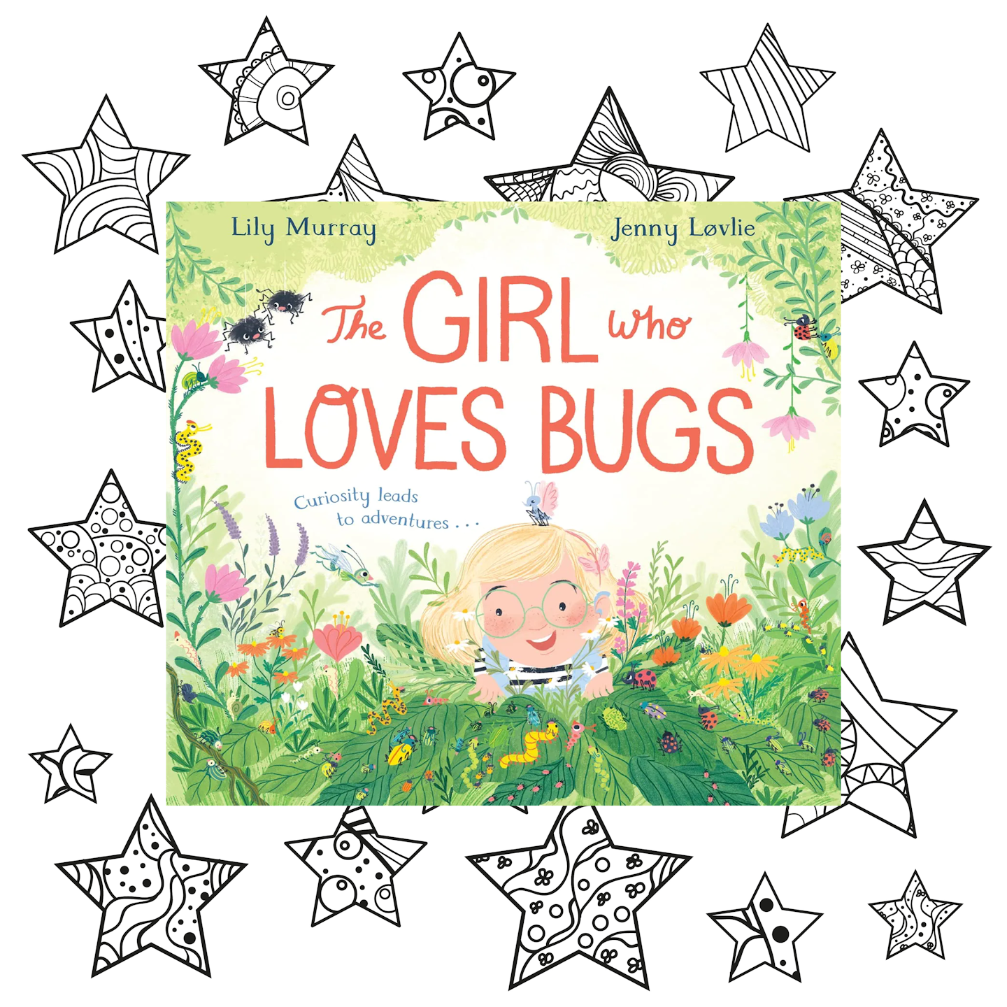 An image of the cover of \nThe Girl Who Loves Bugs, \non a background of black and white stars, acting as the cover image for Inclusive Books for Children's\n \nlist of\n \nbrilliant books featuring Deaf characters, and/or incorporating BSL, curated in collaboration with Jessica Kellgren-Fozard, vintage icon and disability advocate.   