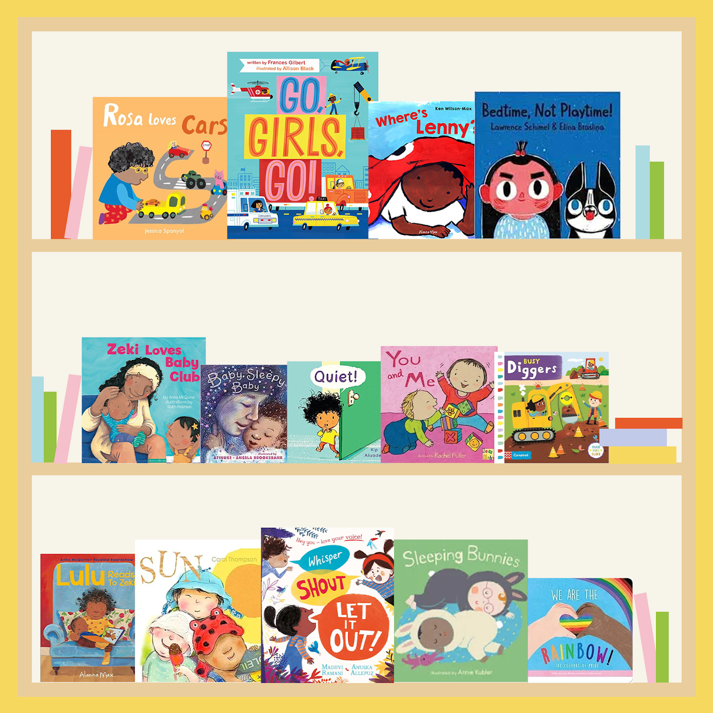 A graphic illustration of a yellow bookshelf bursting with inclusive books for children aged between 1, 2 and 3. On the shelf are arranged cover images of some of Inclusive Books for Children's favourite diverse books for babies and toddlers. 