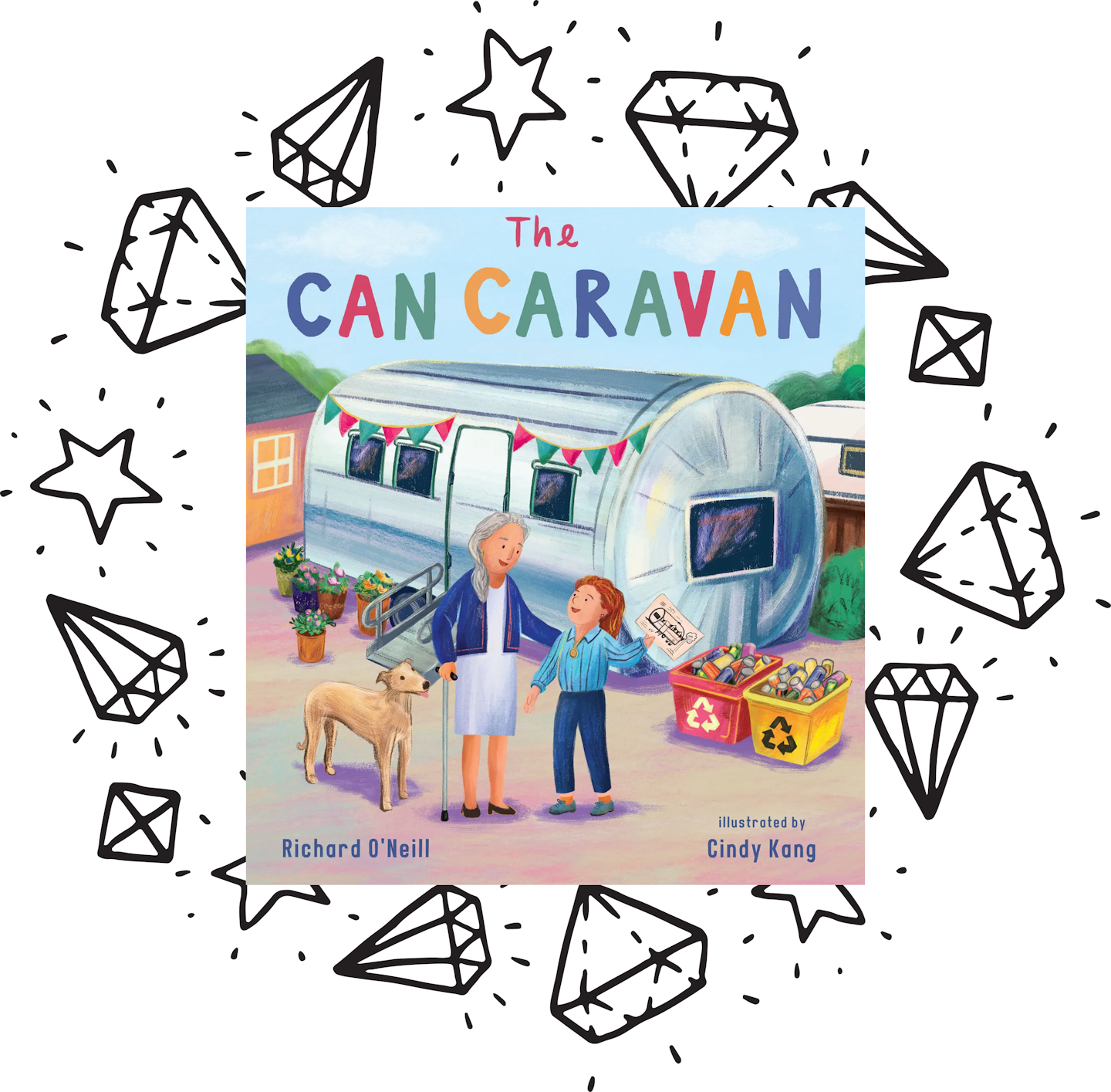 The cover of The Can Caravan on a background of black and white stars and gems.