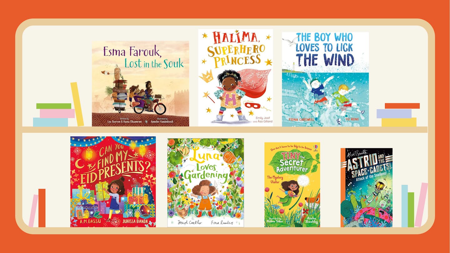 A graphic illustration of a bookshelf in a poppy orange backdrop. Images of the book covers of the latest inclusive children's books published in March 2024 populate the shelves: Esma Faourk, Lost at the Souk, Halima, Superhero Princess, The Boy Who Licks the Wind, Can You Find My Eid Presents?, Luna Loves Gardening, and Astrid and the Space Cadets: Attack of the Snailiens!  