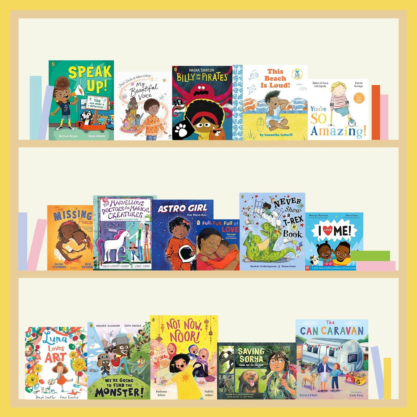 A graphic illustration of a yellow bookshelf, lined with beautiful cover images from a selection of Inclusive Books for Children's top-rated books picture for children aged 3, 4, 5, 6 and 7. 