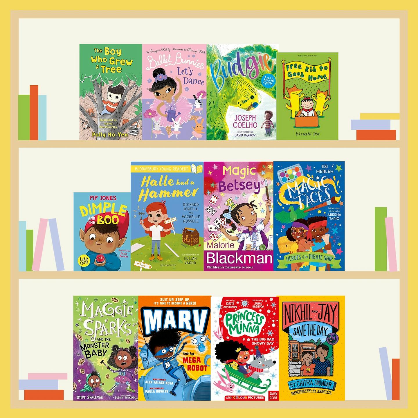 A graphic illustration of a yellow bookshelf packed with some of Inclusive Books for Children's recommended fiction for 5, 6 and 7 year olds. 