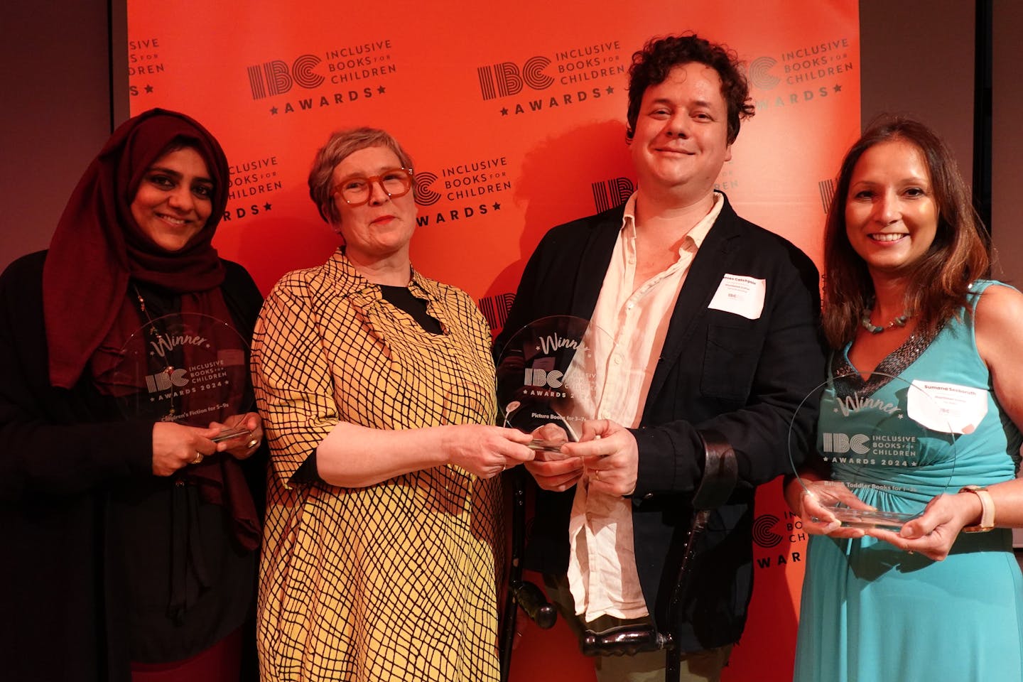 Image of the 2024 IBC Awards winners: Zanib Mian, Karen George, James Catchpole and Summana Seeboruth