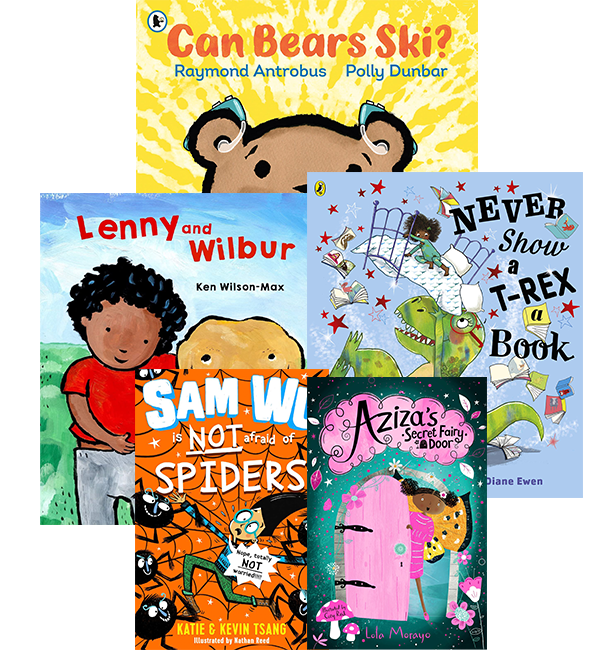 A collage of the covers of some of Inclusive Books for Children's favourite diverse kids' books: \nSam Wu is Not Afraid of Spiders\n, from a brilliant series for ages 6 and older with an East Asian protagonist; \nAziza's Secret Fairy Door\n, also from a series suitable for ages 6 and above, this time with a Black female lead; \nLenny and Wilbur\n, from a gorgeous series for 2 and 3 year olds, all about a young boy of mixed Black and white heritage; \nNever Show a T-Rex a Book\n, a wonderful picture book about the power of reading and imagination, by a British-Indian author, and featuring a Black female main character; and \nCan Bears Ski?\n a book about a young Deaf bear, by the poet Raymond Antrobus.   