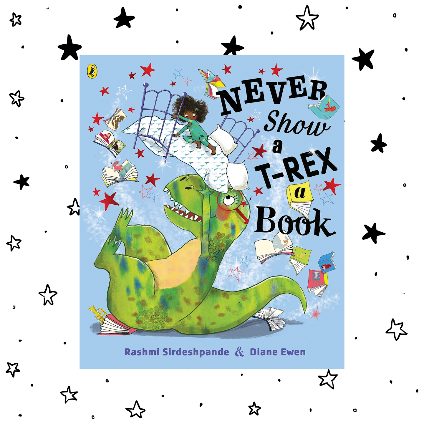 The cover of Never Show a T Rex a Book on a black and white background of little stars