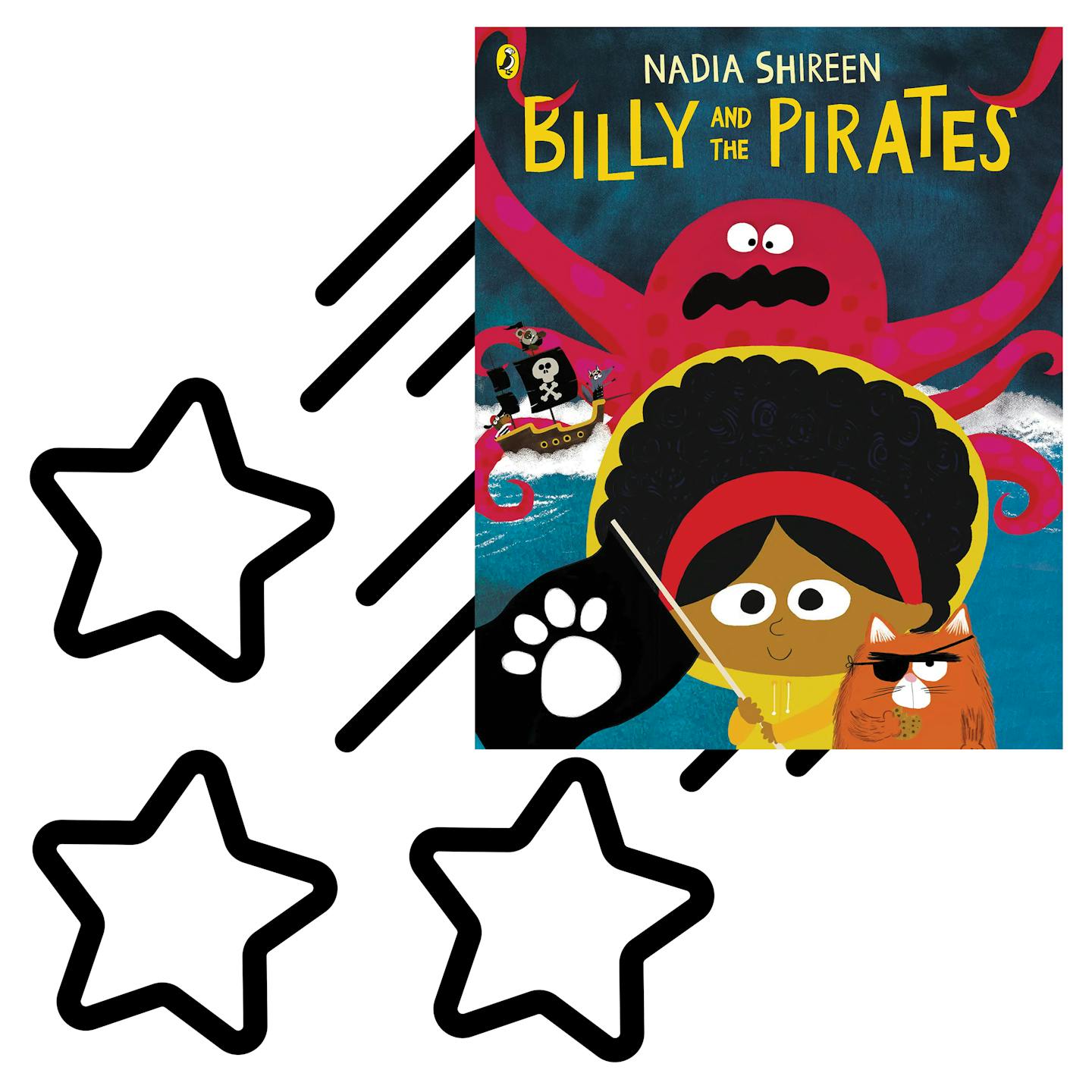 The cover of \nBilly and the Pirates \nis shown superimposed on a graphic illustration of shooting stars in black and white.